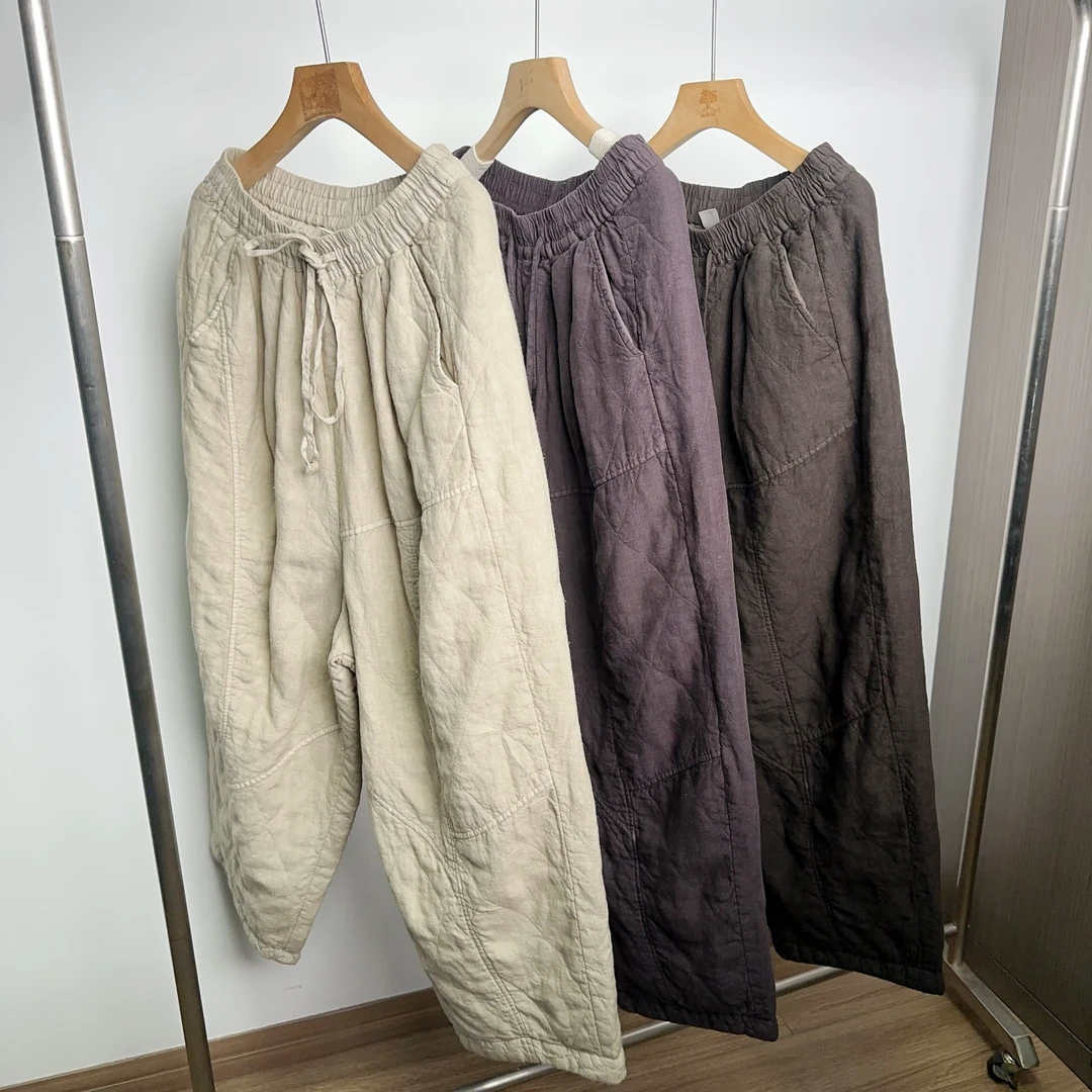 100%砂洗亚麻加棉休闲裤松紧腰休闲裤冬季加厚纯色长裤保暖宽松