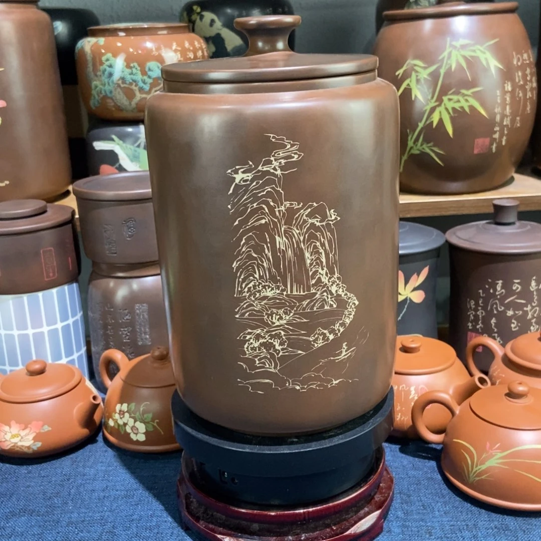 9建水紫陶手工精磨彩填醒茶罐