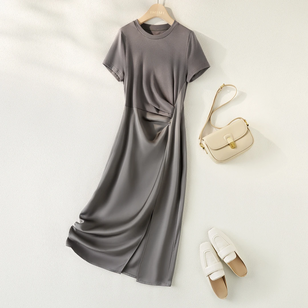 IHIMI25夏新款女装简约高级拼接侧开叉腰部收褶中长款连衣裙1043
