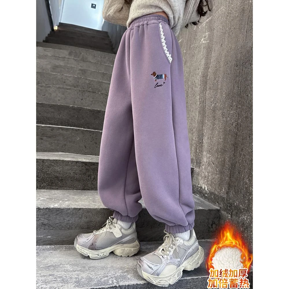 女童加绒运动裤冬装加厚卫裤休闲束脚棉裤冬季大童羊羔绒秋冬裤子