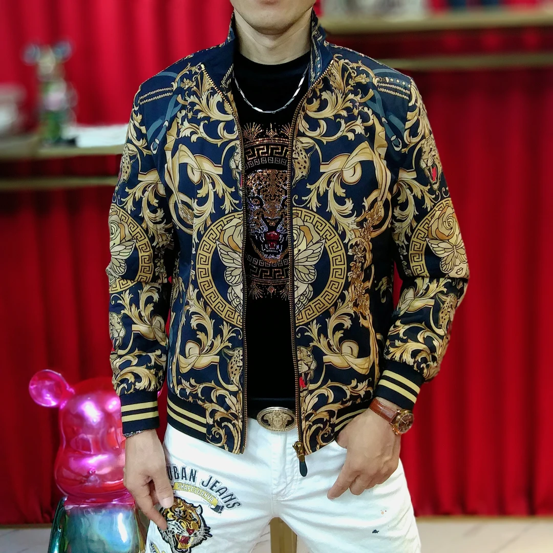 秋季新款男士时尚休闲潮流时尚百搭帅气印花立领修身夹克外套8051