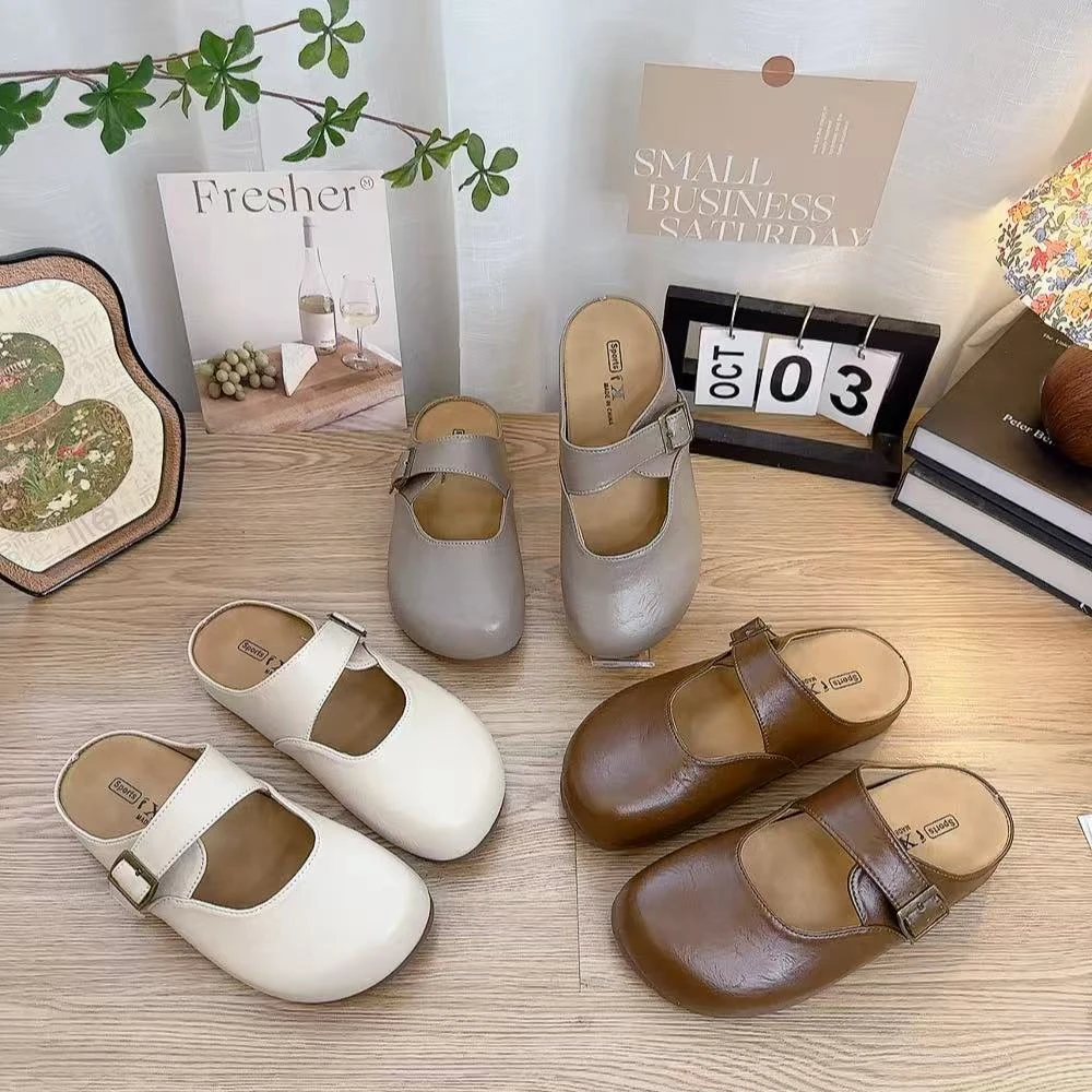 L1902新款边扣圆头舒适百搭软底时尚半拖鞋仓