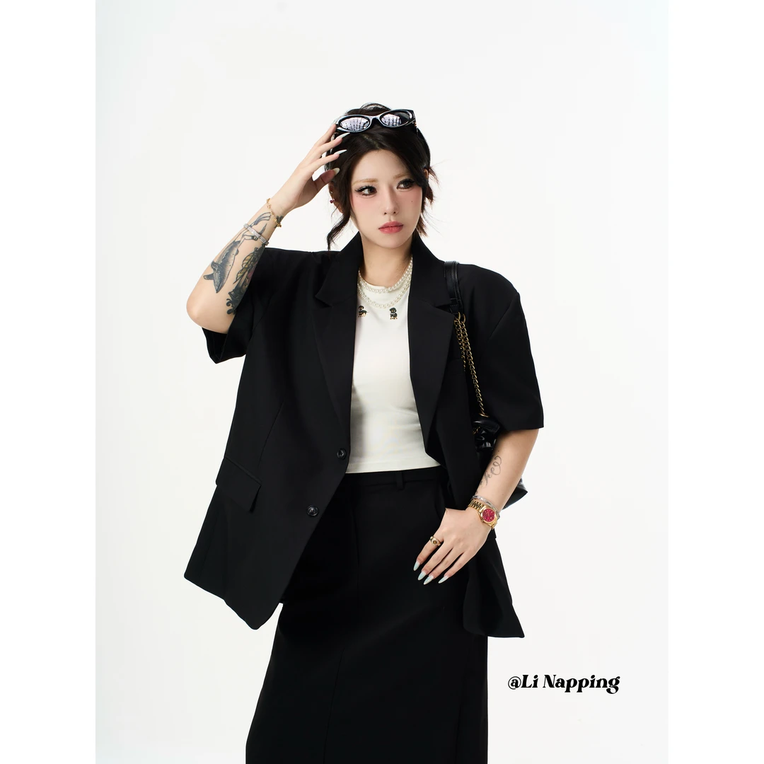 Li Napping法式高级感小众气质百搭休闲宽松显瘦短袖简约西装外套