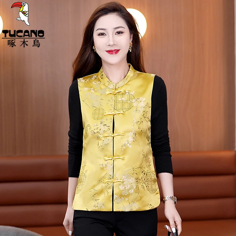 啄木鸟洋气妈妈新中式马甲女春秋季女士复古洋气国风马夹无袖外套