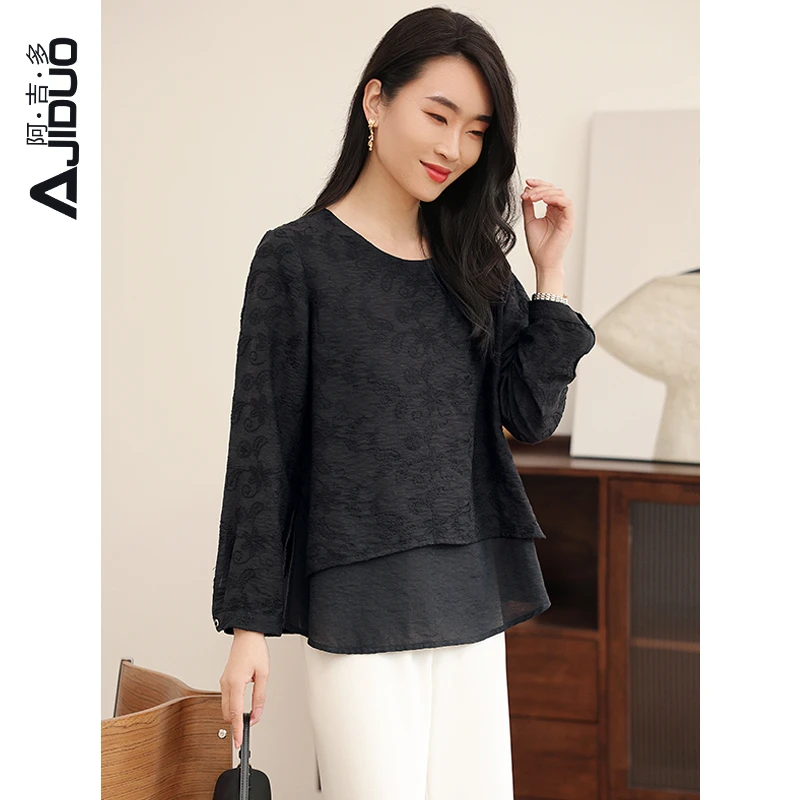阿吉多A31125黑色长袖衬衫女春季新款气质时尚小衫绣花高级上衣