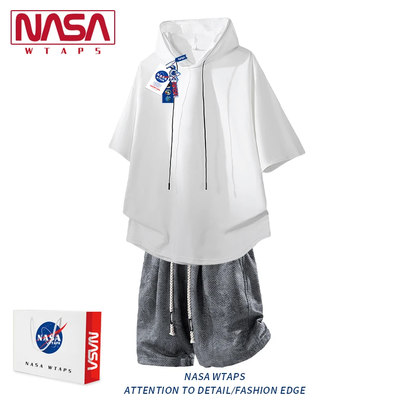 NASA WTAPS美式连帽短袖T恤男款夏季宽松休闲情侣上衣短裤两件套