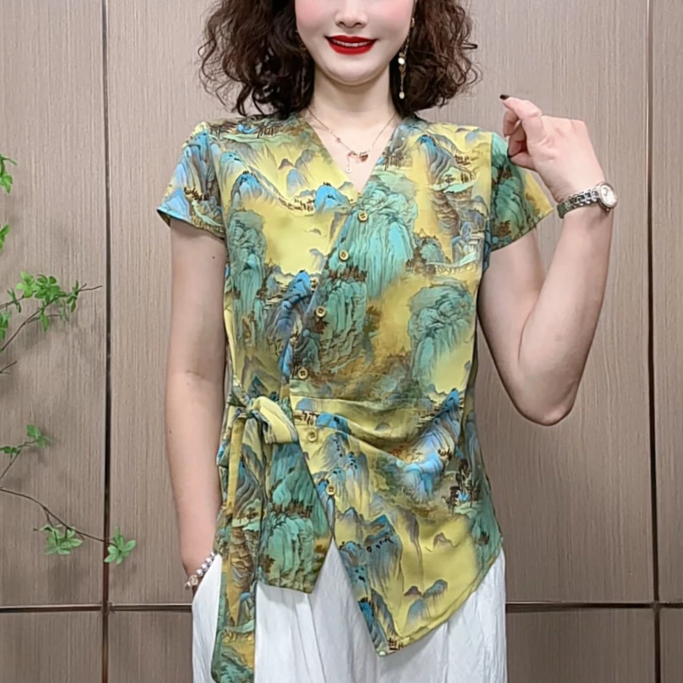 2025夏季新款国风山水印花V领短袖t恤女时尚修身系带收腰爆款上衣