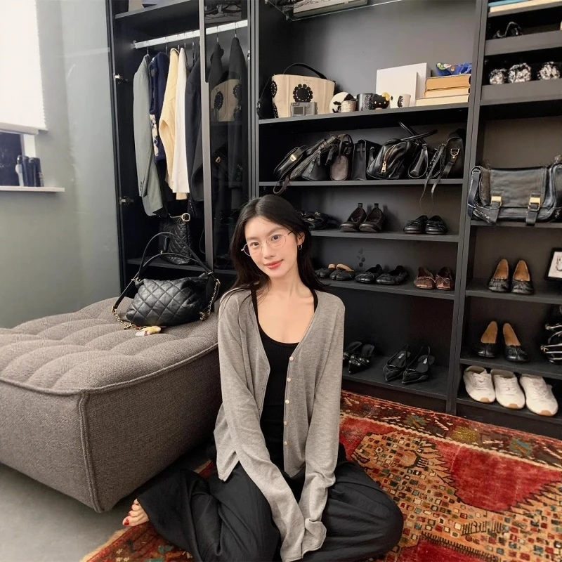 灰色冰丝针织防晒开衫女薄款空调衫披肩夏季吊带外搭罩衫长袖上衣