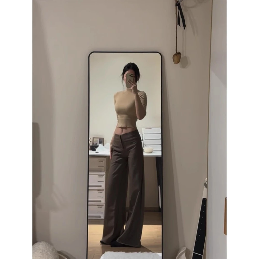 INS CEC美式辣妹春季女纯色上衣咖色低腰垂感拖地休闲裤套装