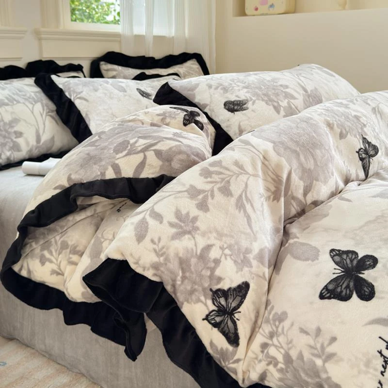 加厚法式赫本风牛奶绒四件套珊瑚绒被套冬天加绒床单法兰绒床笠款