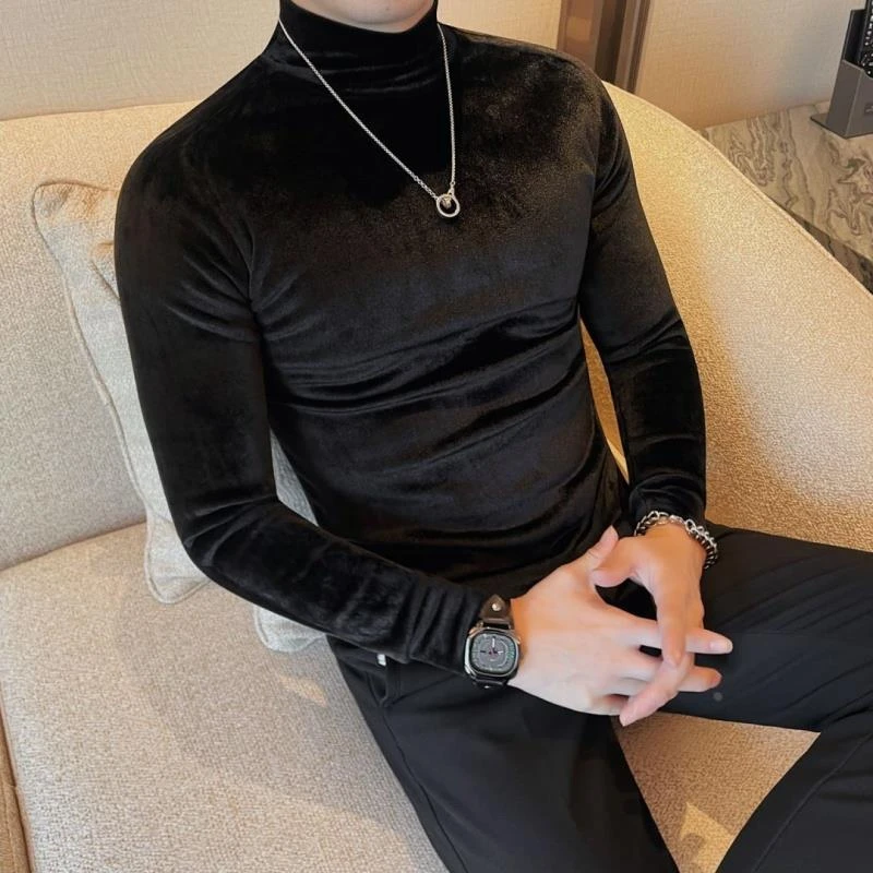 金丝绒半高领长袖t恤男冬季轻奢百搭韩版修身加绒加厚中领打底衫