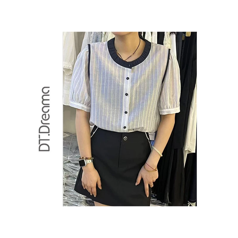 夏季新款撞色条纹圆领泡泡短袖衬衫女宽松时尚百搭休闲上衣洋气