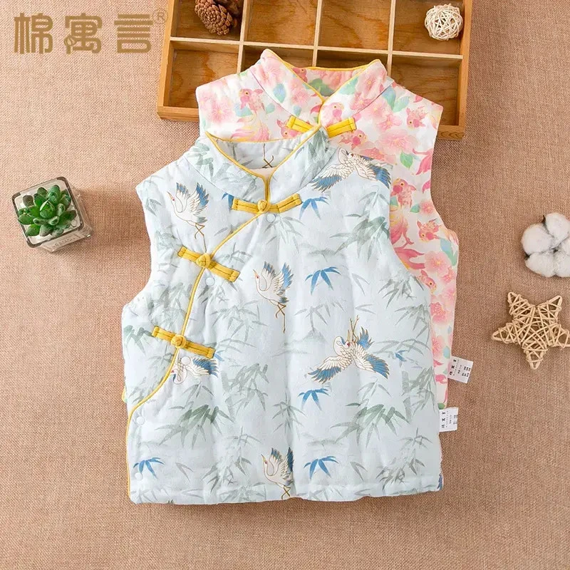 宝宝夹棉斜襟坎肩秋冬季儿童厚纯手工马甲加男童中国风棉花背心女