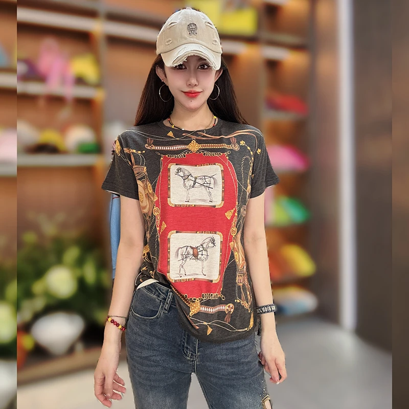 夏季新款时尚欧货圆领短袖印花T恤女士修身显瘦洋气上衣打底衫薄