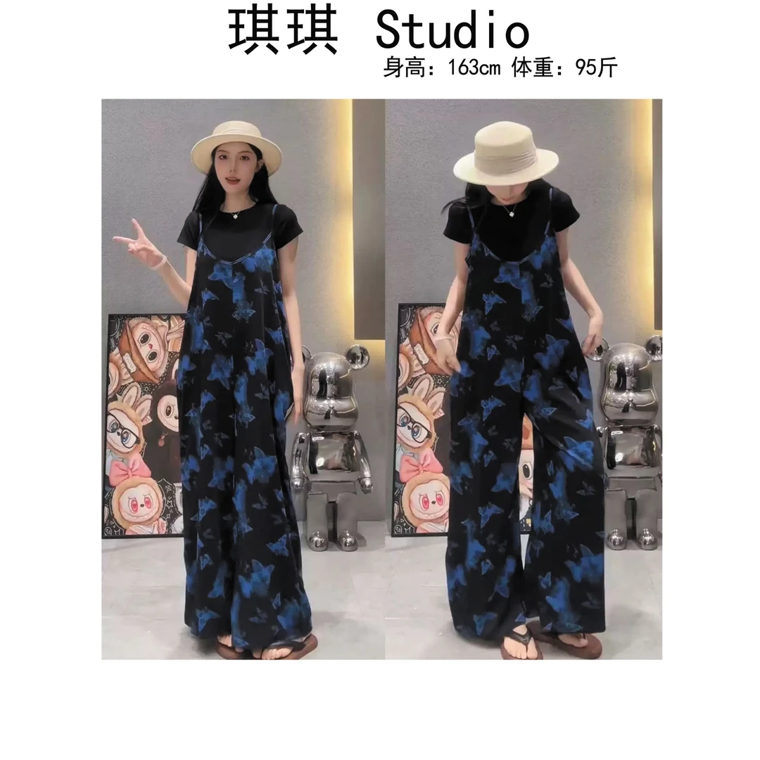 《琪琪家》夏季新款气质时尚双肩细带蓝色碎花背带休闲裤6111-CS