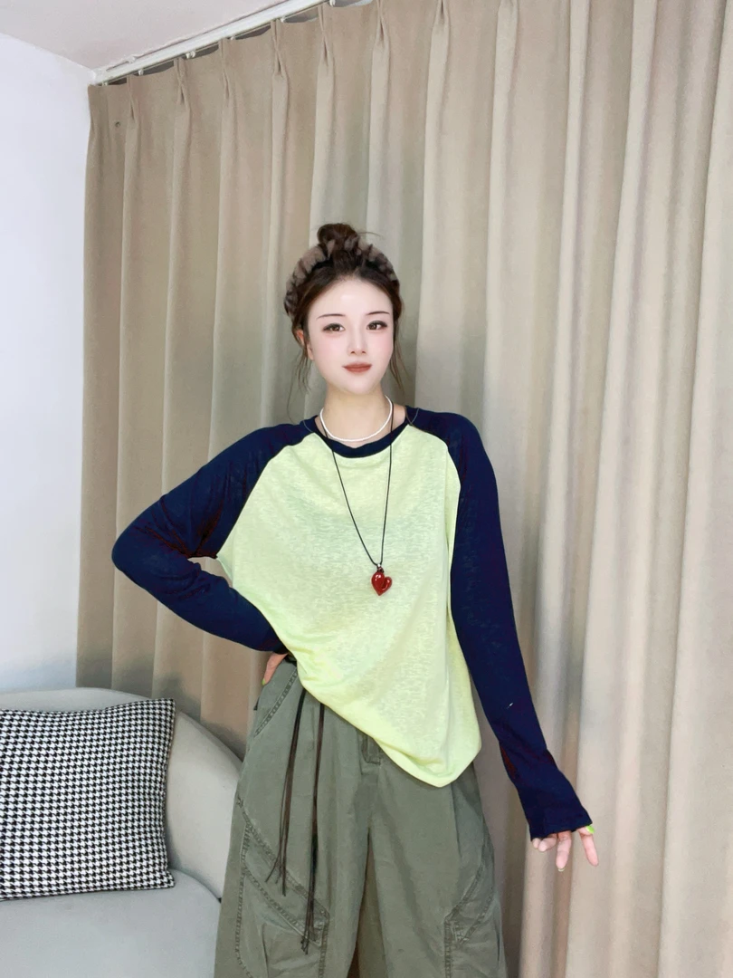 新款爆款洋气圆领显瘦防晒拼色长袖通勤时尚T恤宽松百搭套头插肩x