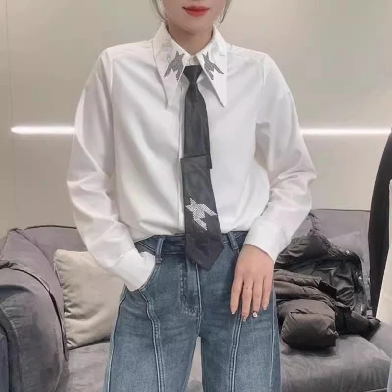 欧洲站2025早春款新款烫钻设计感洋气时尚百搭长袖衬衫女欧货潮牌