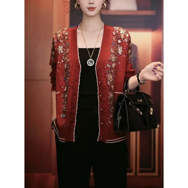 洋气V领妈妈装外套针织衫带钻显瘦宽松百搭毛衣中老年装1763