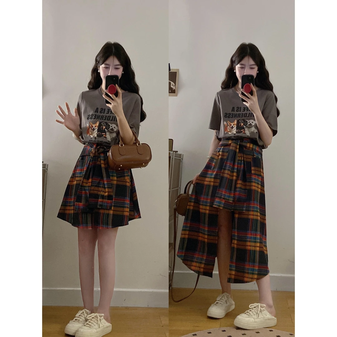 大码女装胖MM时尚学院风又A又飒印花上衣不规则裙裤洋气休闲穿搭