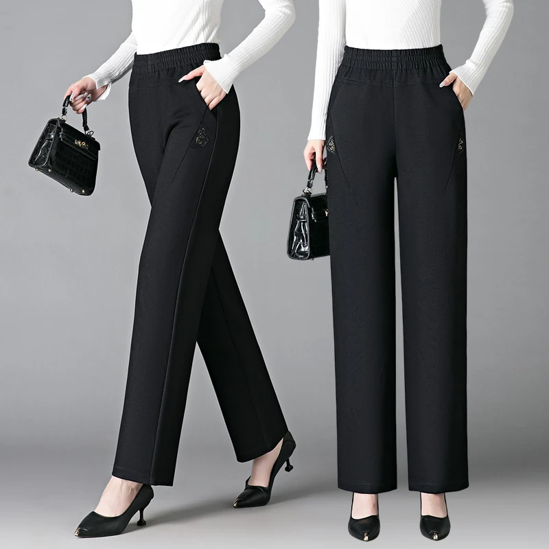 中老年气质女裤高腰显瘦宽松婆婆休闲裤秋冬老年人松紧腰直筒裤