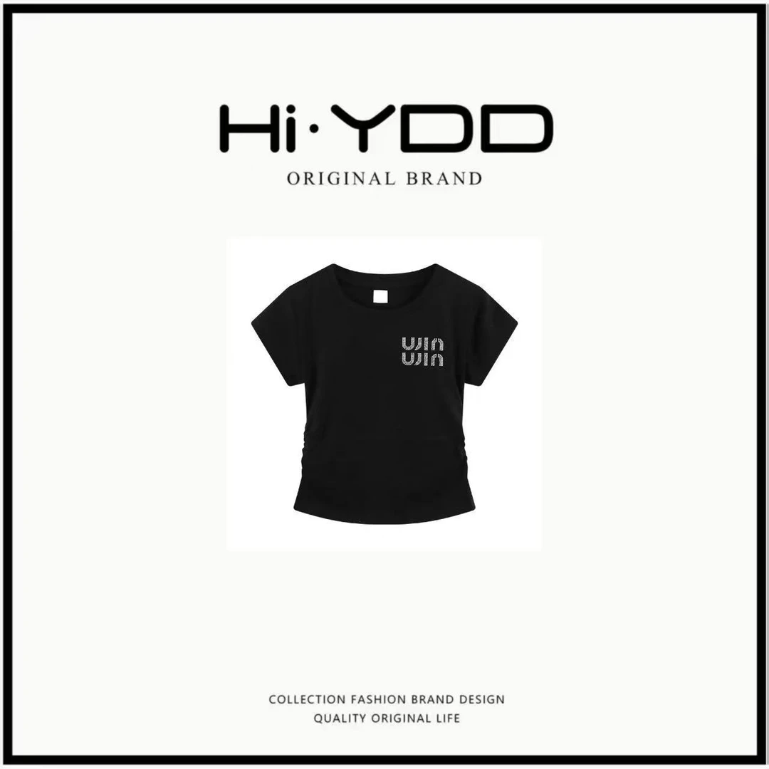 烫钻圆领短袖T恤女不规则2025春夏季收腰设计感辣妹显瘦短款上衣