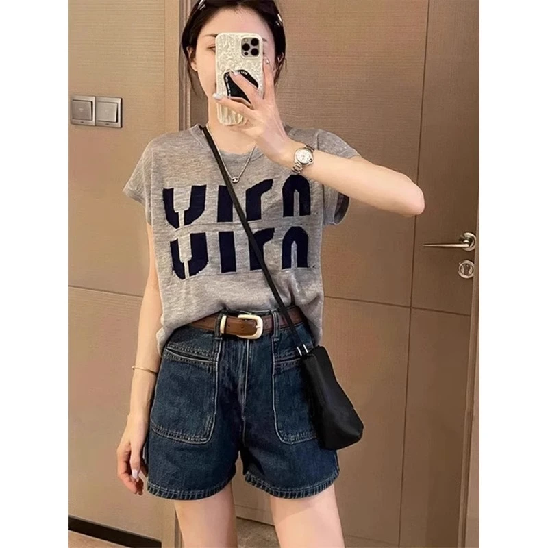 芊芊芙冰丝针织短袖t恤女夏季2025新款韩版时尚宽松显瘦短款上衣