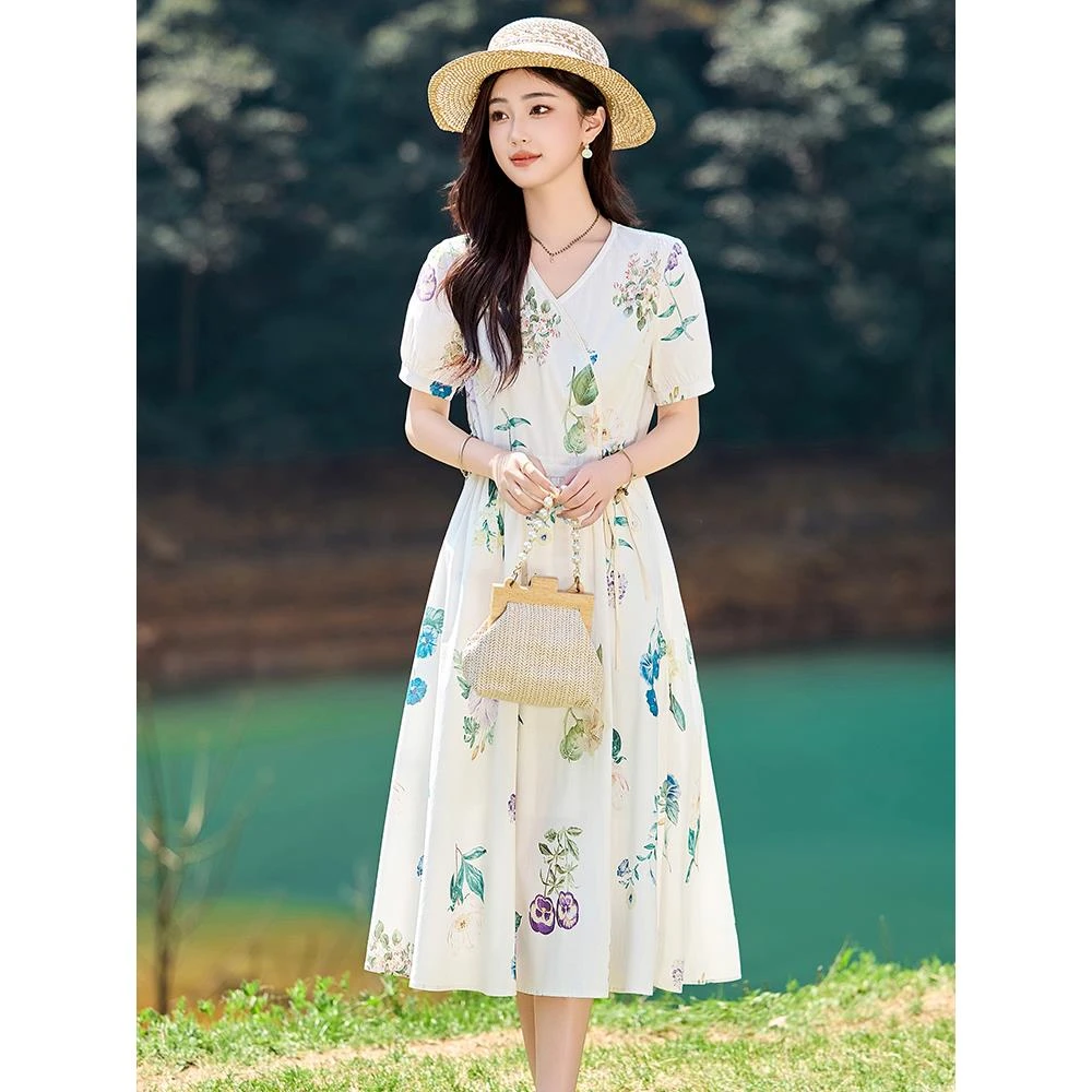 高端小个子碎花连衣裙女2025新款夏季文艺复古棉麻风显瘦裙子薄款