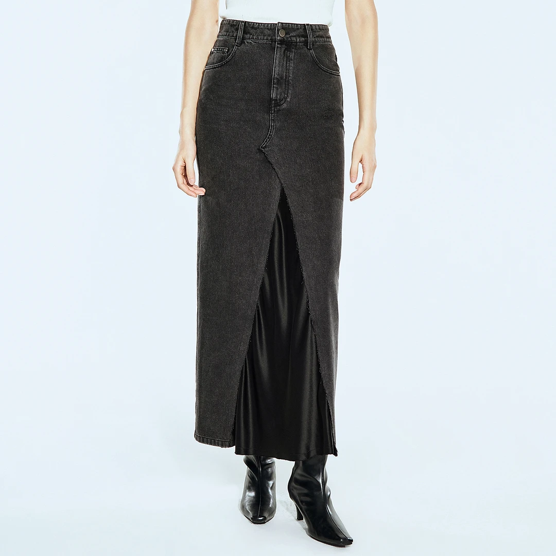 COVERINS2025春季修身拼接醋酸牛仔半裙