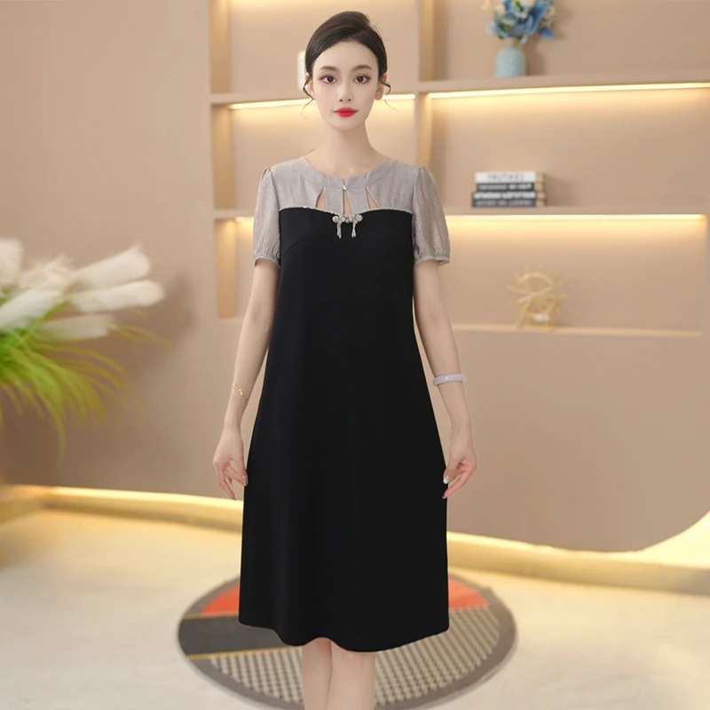 黑色连衣裙新款夏季裙子拼色显瘦凉快透气中长款裙