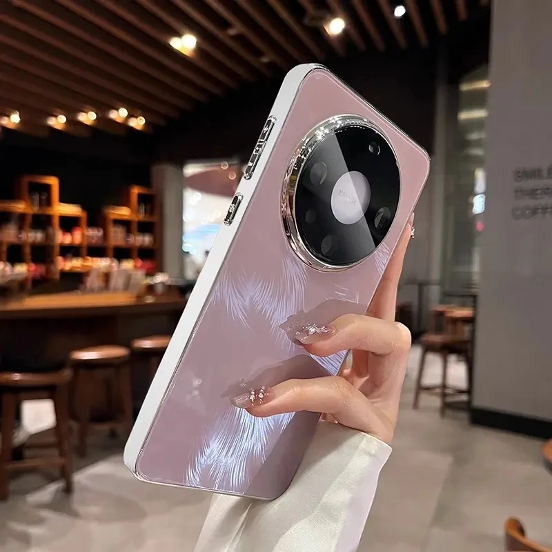 适用华为mate60pro轻奢极光羽纱玻璃手机壳新款mate70pro全包镜头