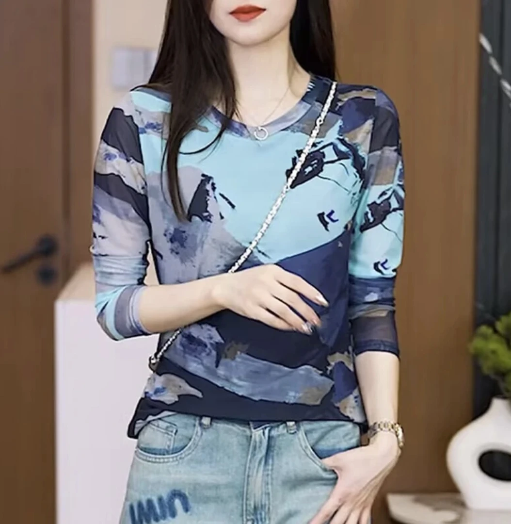 显瘦撞色2025夏长袖T恤女网纱薄款休闲百搭圆领水墨印花上衣A1003