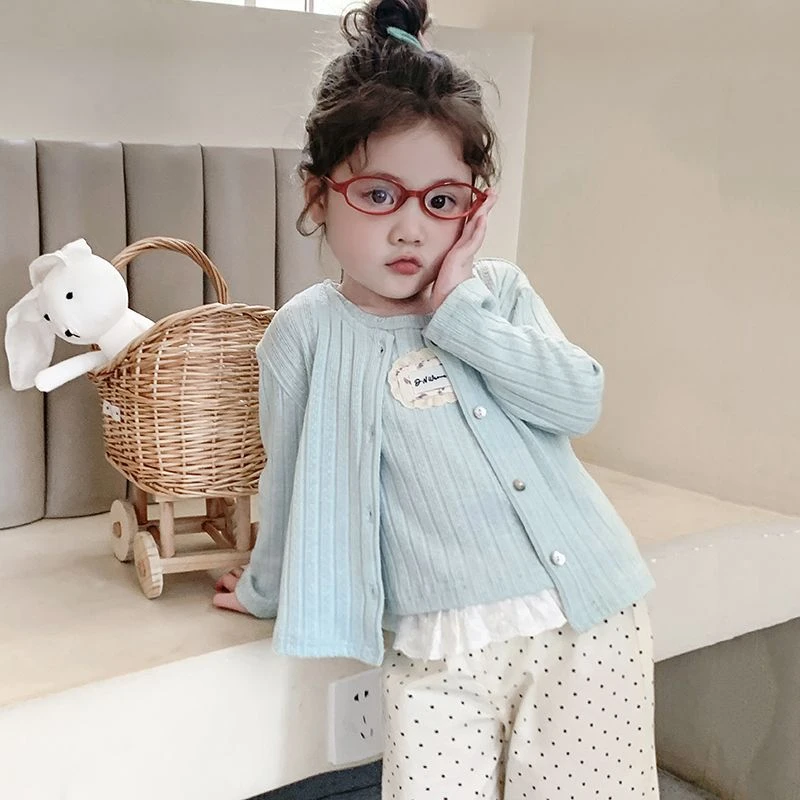 女童套装甜美开衫外套儿童韩系波点直筒裤两件套洋气女宝小众春秋