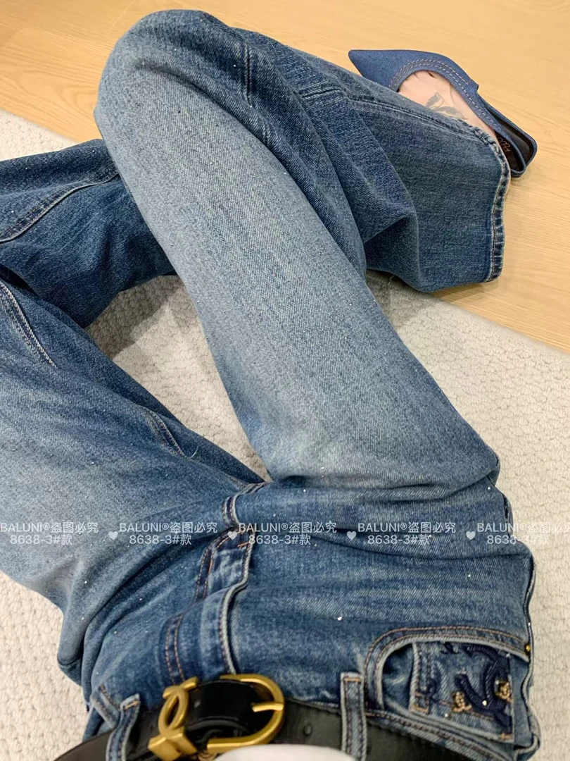 【刺绣烫钻阔腿裤】8638小香重工牛仔裤高腰弹力直筒拖地裤秋芭璐妮