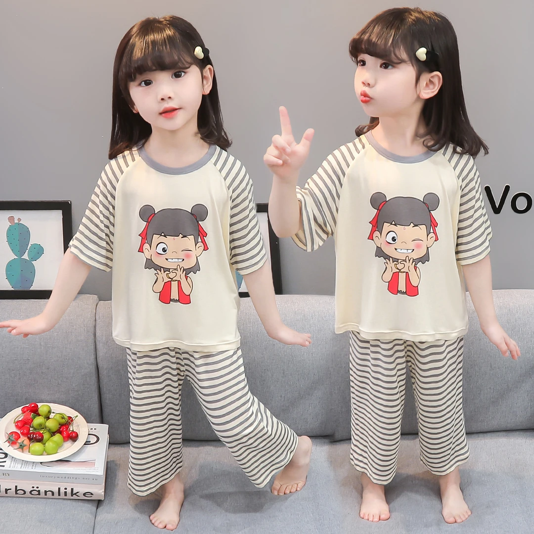 女童莫代尔睡衣2025夏季新款女孩宝宝短袖哪吒套装儿童可爱家居服