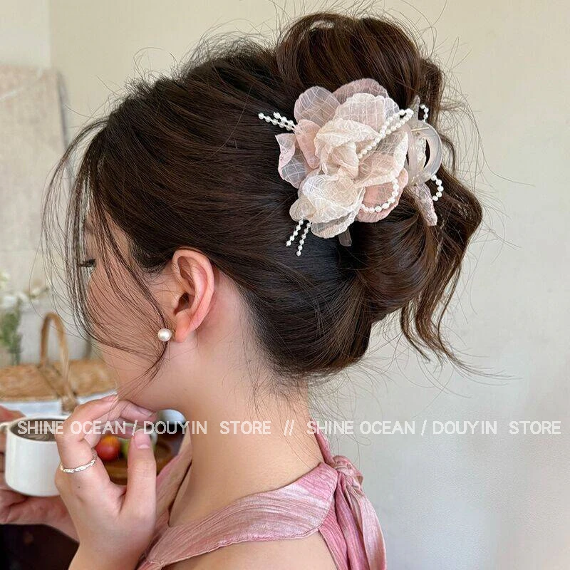 双海超仙淡雅气质花朵珠珠盘发抓夹高级感精致优雅时髦温柔搭发夹