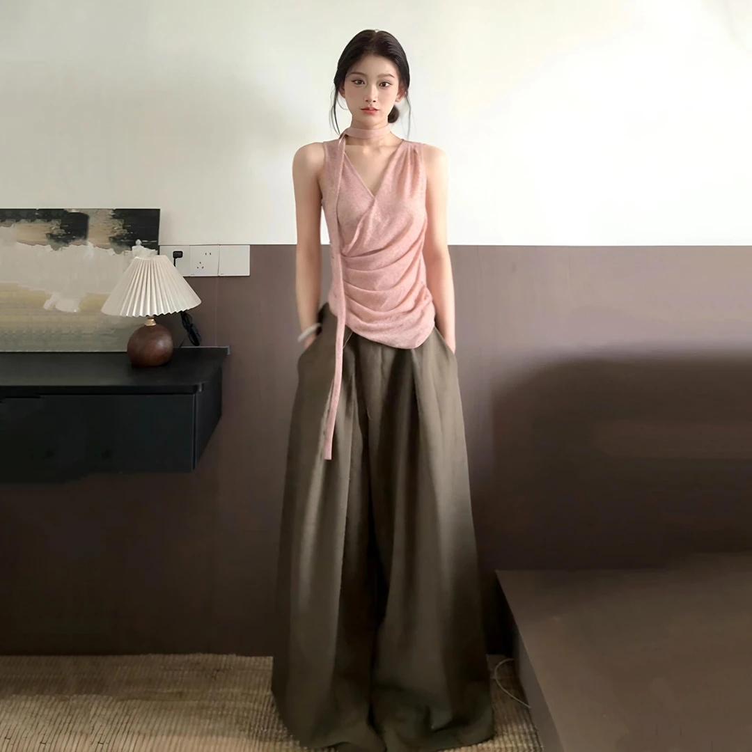 法式设计感粉色吊带背心女2025夏季新款辣妹修身无袖挂脖外穿上衣