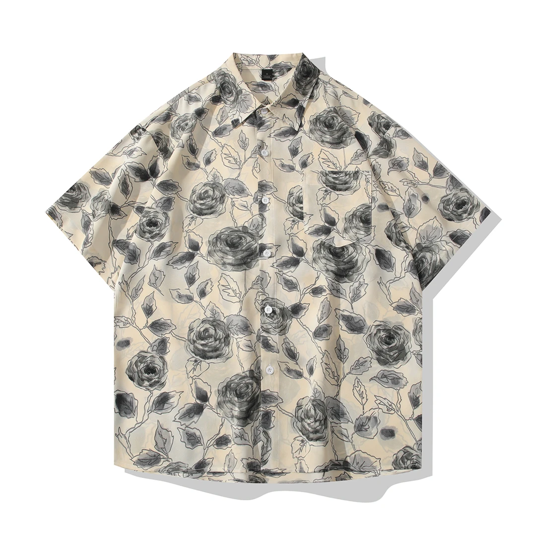 国风玫瑰花卉冰丝短袖衬衫男士夏季凉感透气衬衣宽松复古潮流男装