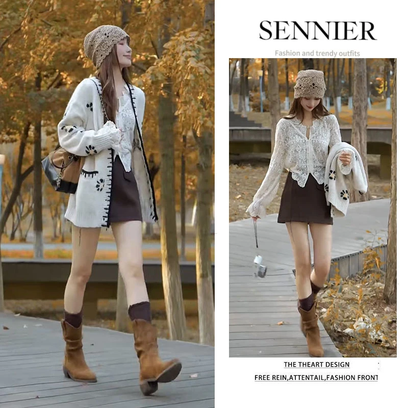 早秋时尚穿搭2025年新款百搭蕾丝长袖上衣针织开衫高腰短裙三件套