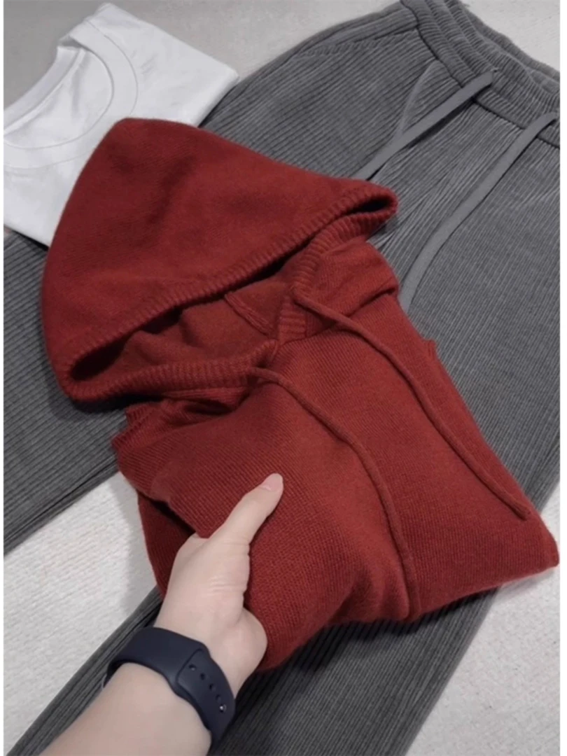 漂亮圣诞新年红色抽绳连帽毛衣女秋冬季新款高级感休闲针织衫上衣