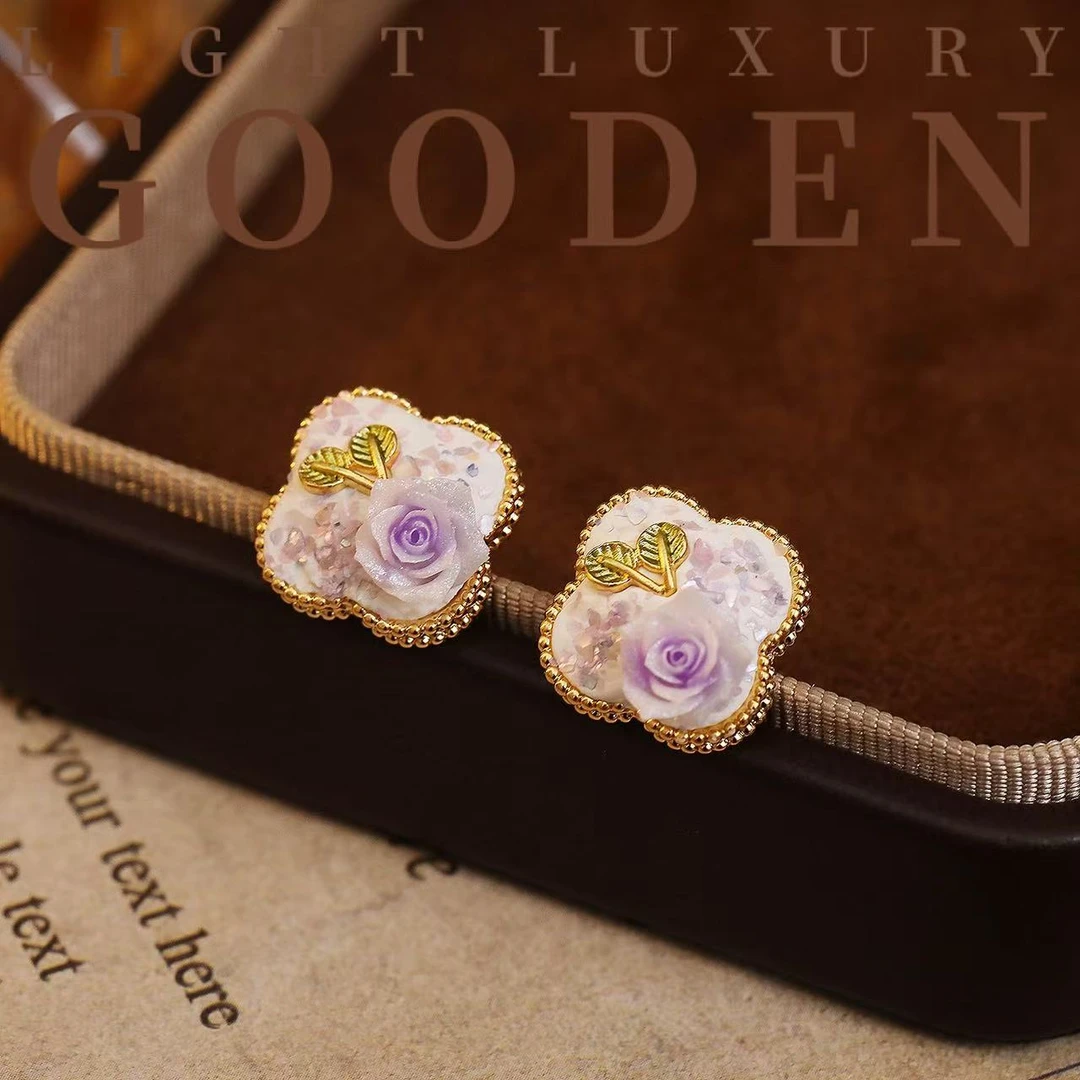 铜合金耳饰 Gooden岛家【紫雾玫瑰】925银针春夏新款气质复古耳环