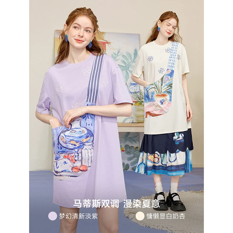 两三事 盛满仲夏 2025夏季新款时尚印花斜挎口袋拼接t恤裙连衣裙