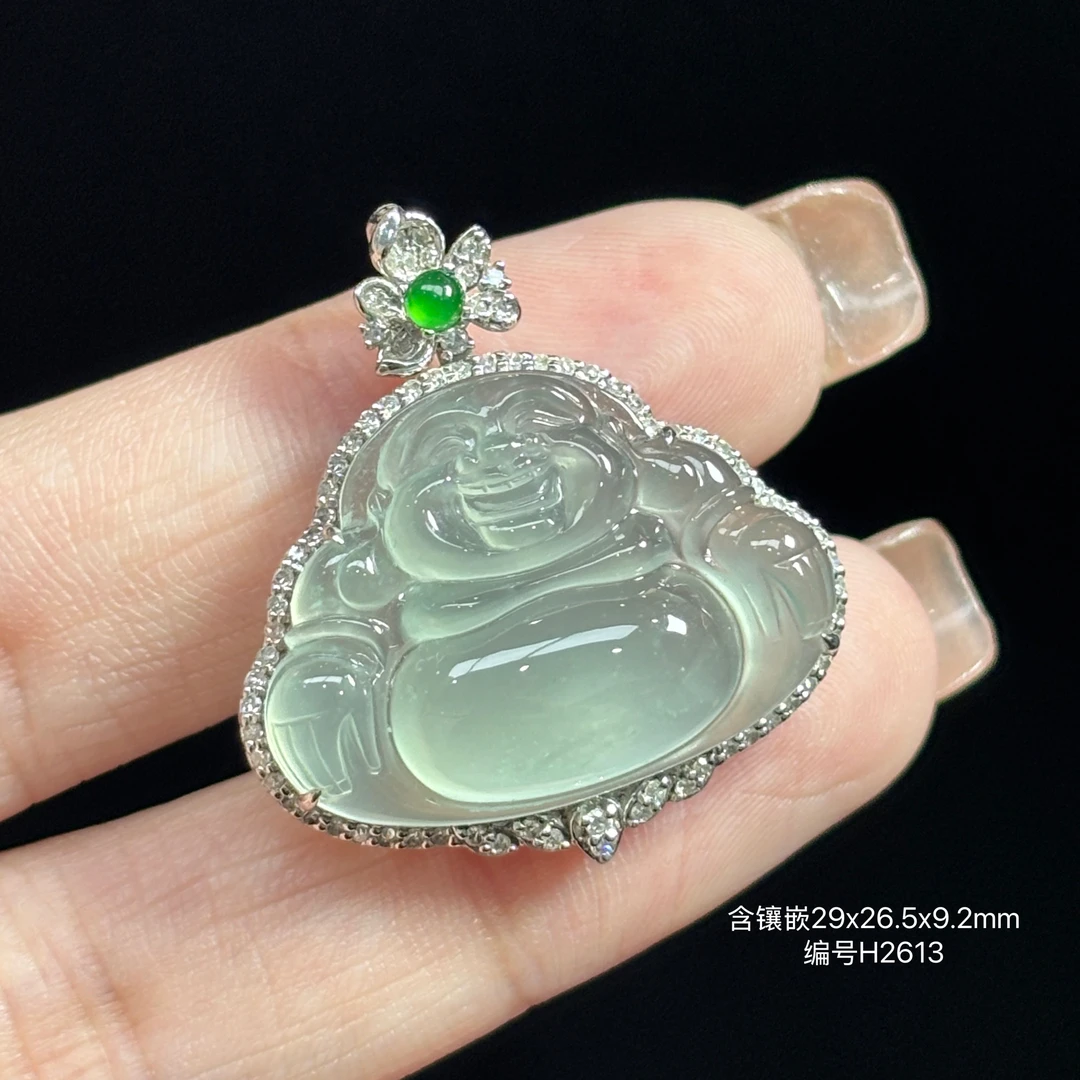 《缅甸珠宝严选》缅甸翡翠白冰佛公18K金镶嵌吊坠（下单质询客服）H2
