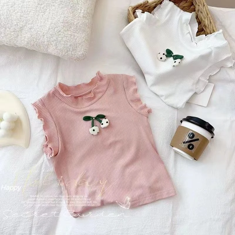 童装2025年夏季新款韩系女童木耳边樱桃坑条背心儿童弹力修身上衣