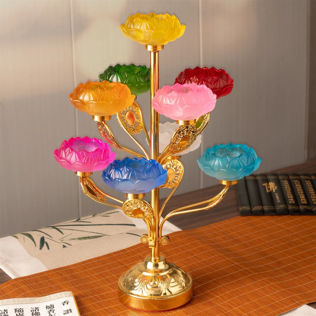 新款七彩琉璃莲花灯防风酥油灯座家用佛堂蜡烛灯九彩烛台灯摆件