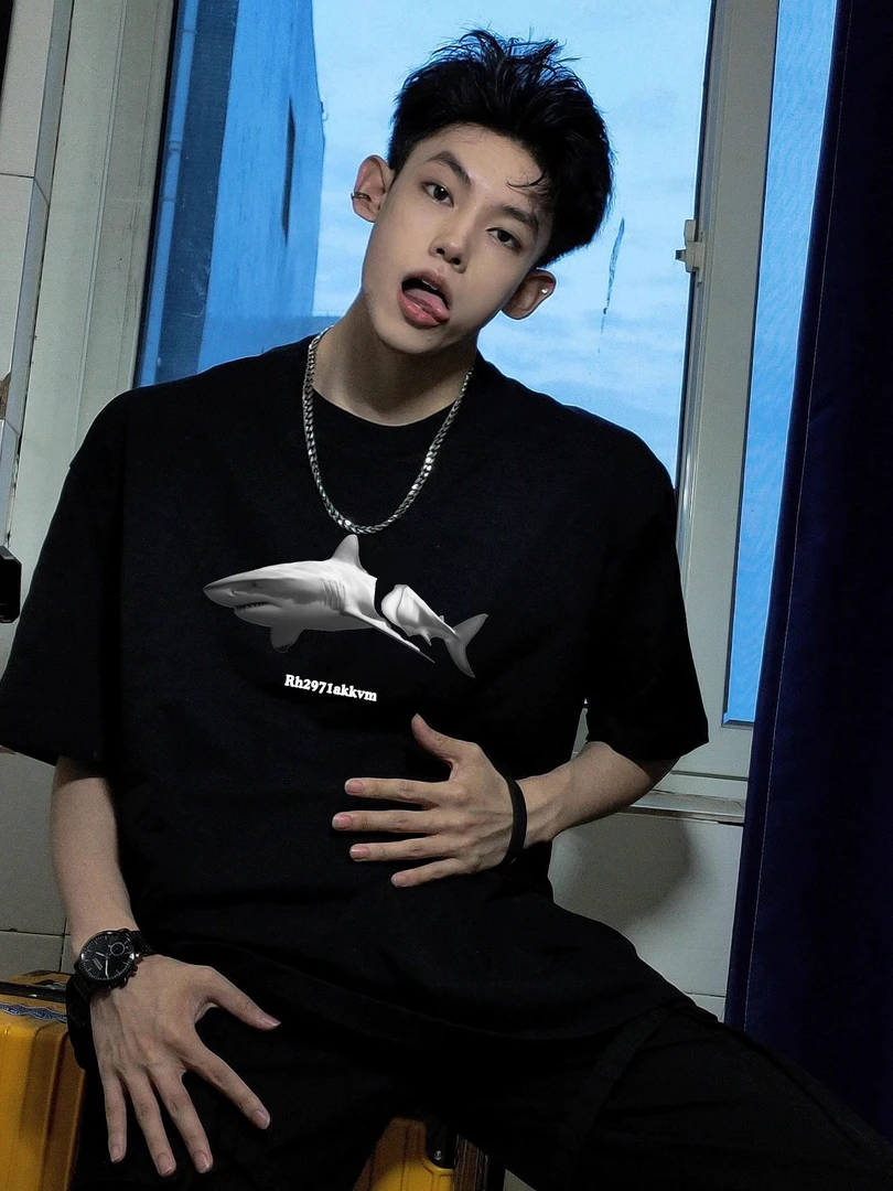 美式复古鲨鱼印花重磅纯棉t恤短袖男生痞帅宽松圆领百搭宽松上衣