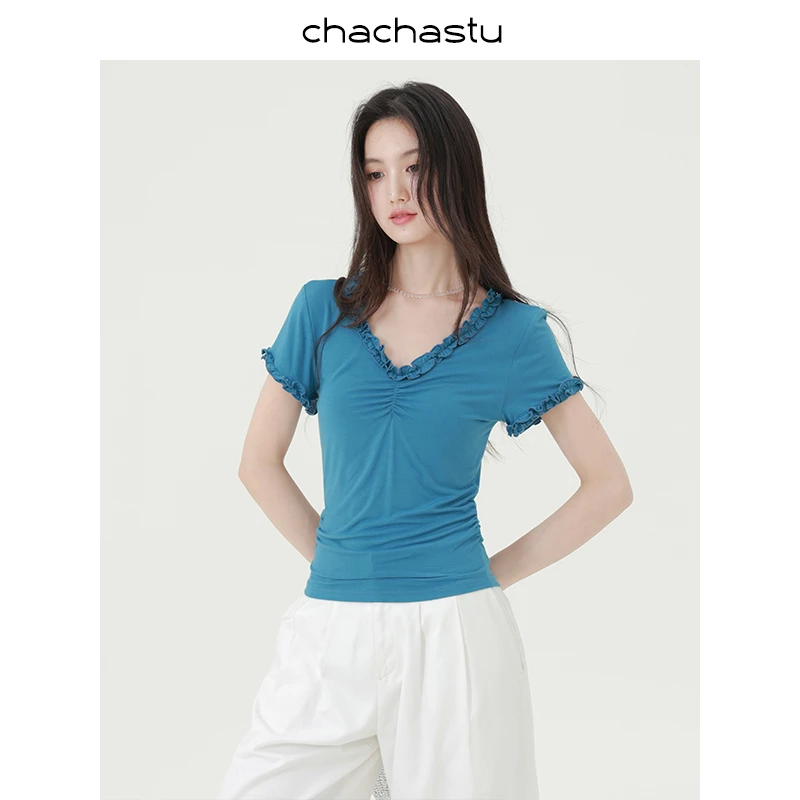 CHACHASTU【出游】冷藏面膜般~超软体感荷叶显瘦短袖HS57