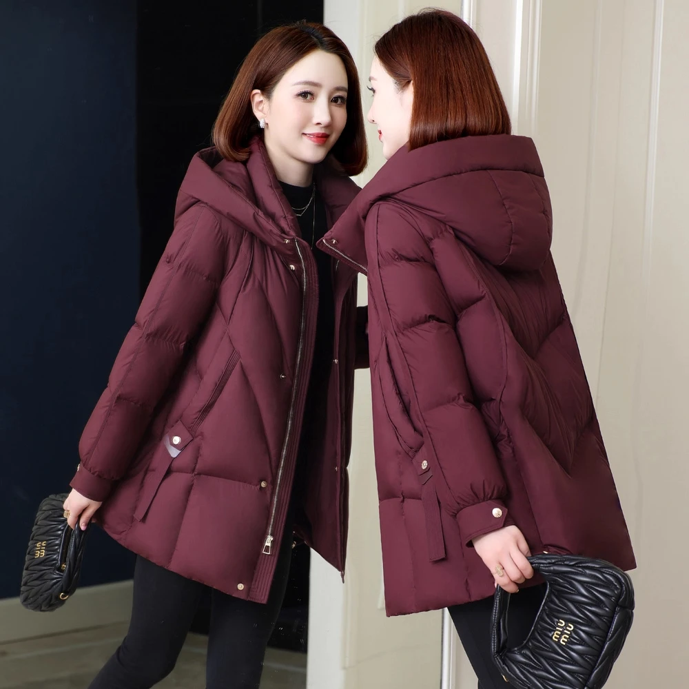 高端羽绒服女妈妈装加厚鹅绒中老年2025冬季带帽防寒宽松羽绒外套