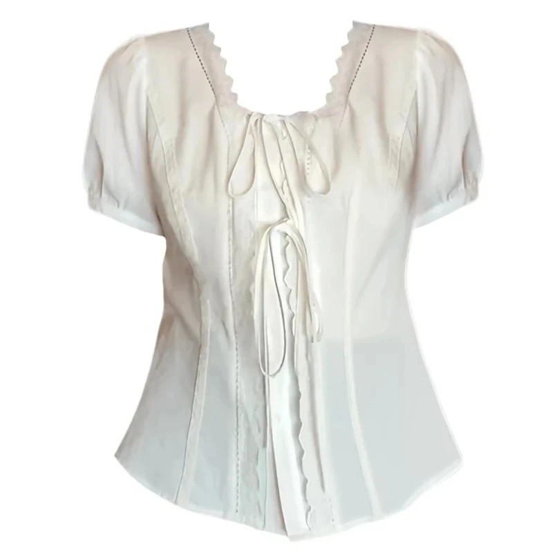 大码胖MM法式复古白色短袖衬衫女夏季新款设计感小众收腰显瘦上衣