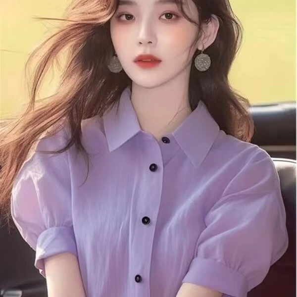 SS585洋气独特别致上衣夏女装新款小衫淡紫色Polo领泡泡短袖衬衫