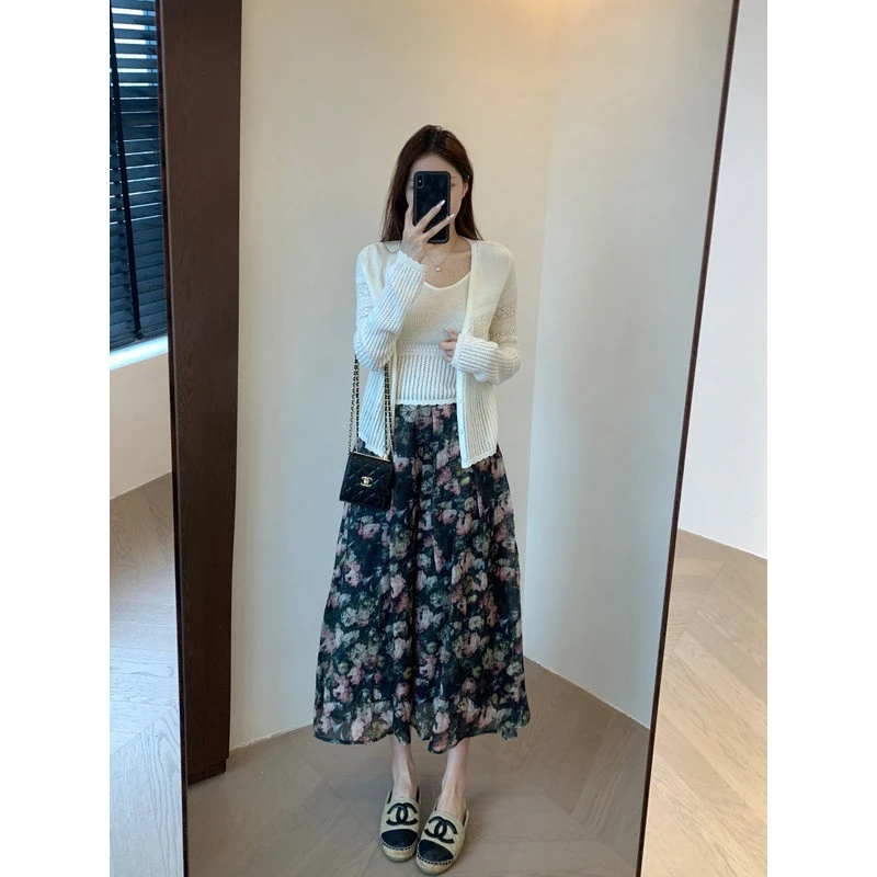 法式摇曳 支高支苎麻蓬松轻盈柔韧松紧腰蔷薇花半身裙